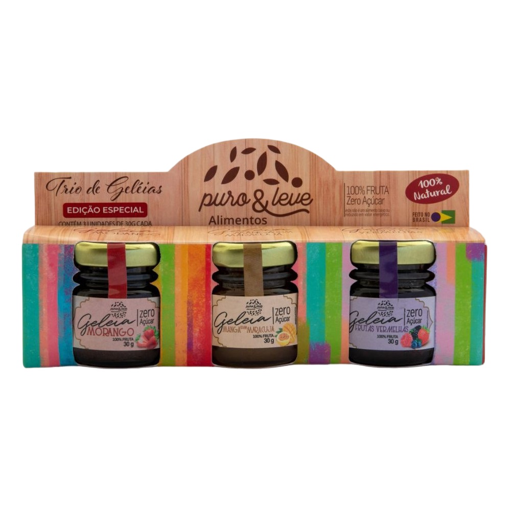 Kit trio mini geleias (30g cada): morango, frutas vermelhas e maracujá - puro&leve